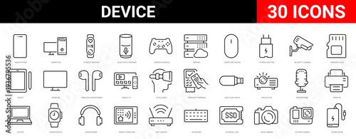 Device web line icons. Phone, tablet, laptop, startup, tv, dron, robot, game controler, vr, headphones, projector, collection. Vector illustration.