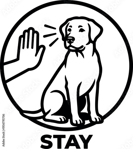 Line art vector dog sitting looking forward obeying stay hand signal inside circular badge black and white training icon illustration