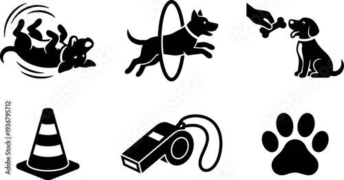 Flat design playful dog training icon set showing rolling dog jumping through hoop sitting for treat with cone and whistle