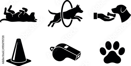Flat design silhouette dog training icon set showing rolling dog jumping through hoop owner feeding treat whistle cone paw print