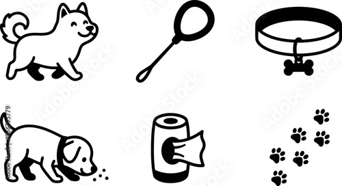 Flat design close up six pet care icons showing happy dog sniffing food collar leash paw prints waste dispenser minimal