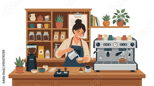 Barista preparing coffee in a cozy coffee shop with modern equipment.