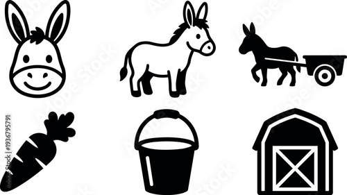 Flat design row of six black farm icons donkey face full body pulling cart carrot bucket barn vector set bold