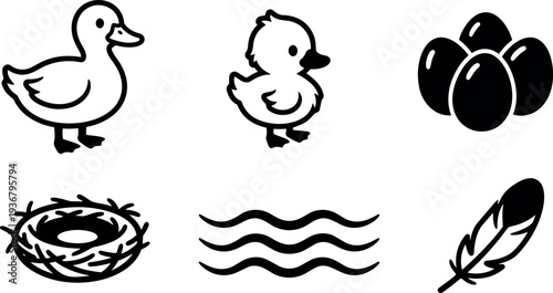 Flat line icon set side profile of duck duckling eggs nest water waves and feather simple black minimalist vector illustrations