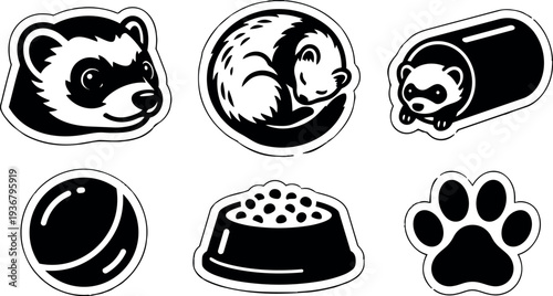 Flat design playful ferret sticker pack close up head sleeping curled ferret tube toy bowl paw simple black and white