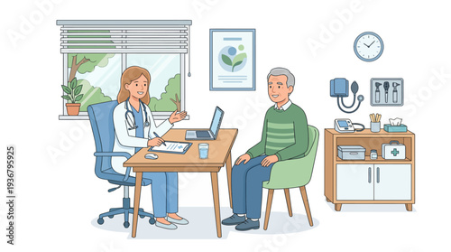 Doctor consulting with senior male patient in a medical office setting.