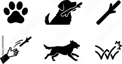 Flat design silhouette dog icons showing paw running dog holding stick being thrown by hand in park scene playful energetic