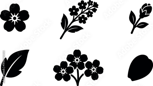 Flat design spring flower icon set six blossom leaf bud and petal silhouettes in black on white minimal vector collection