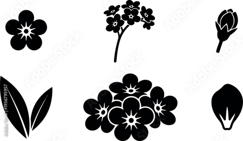 Minimalist flat vector floral icon set with clustered primrose blooms leaves buds close up overhead view black silhouette simple editable