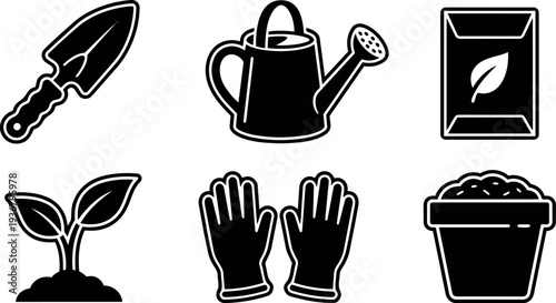 Flat design gardening icon set close up trowel watering can seed packet seedling gloves plant pot black silhouette minimalist vector