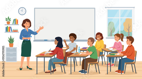 Diverse students and teacher in a modern classroom setting.