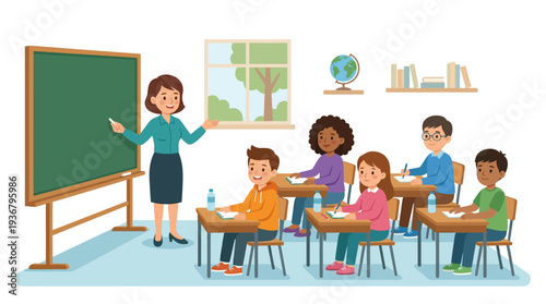 Diverse students learning in a classroom with a teacher.