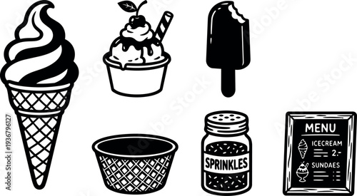 Black and white flat design ice cream icons cone sundae popsicle waffle bowl sprinkles jar chalk menu set hand drawn