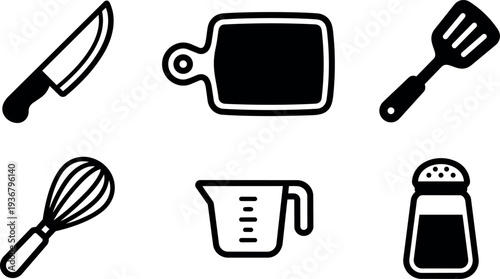 Flat design set of kitchen utensil icons knife cutting board spatula whisk measuring cup salt shaker vector simple black silhouette