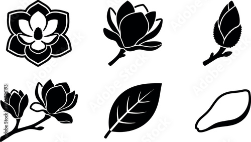 Flat design magnolia flower icon set six black silhouette elements including open blossom bud branch leaf and petal closeup vector