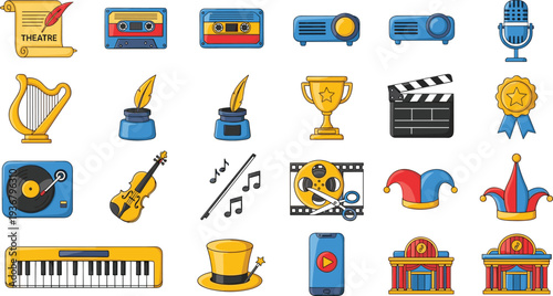 Music Theater and Entertainment Icon Set Featuring Microphone Violin Cassette Trophy Clapperboard Harp Keyboard and Performance Elements.