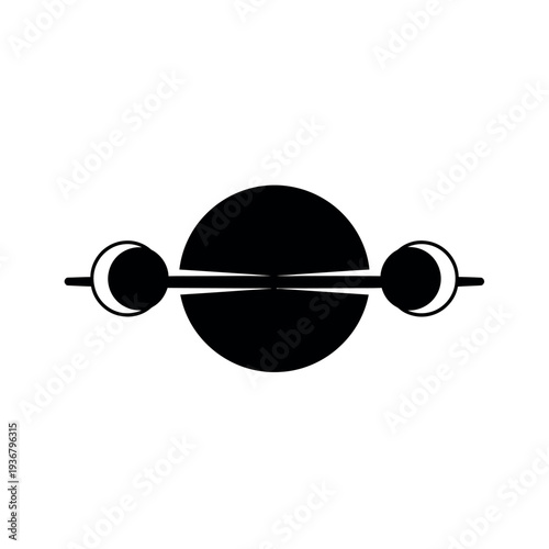 Abstract celestial body with two moons in a minimalist black and white design.