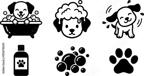 Flat design close up happy puppy in bubbly bathtub shaking water with shampoo bottle and paw print icons black vector