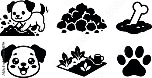 Flat design cute puppy digging icon set includes happy dog face paw print bone garden bed rock pile silhouette