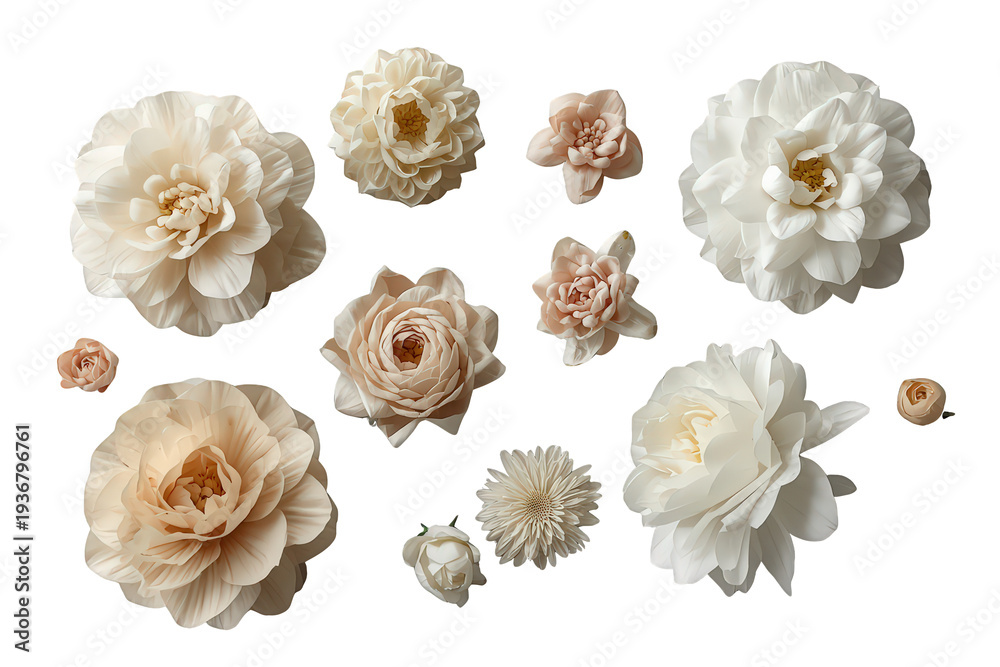 Obraz premium Elegant floral collection blooming in white and beige with various flowers including dahlias and roses, transparent background