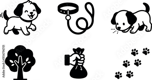 Flat design playful dog icon set showing happy puppy sniffing leash collar tree paw prints and waste bag close up