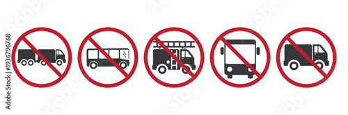 Bundle prohibition signs for large vehicles including truck, bus, and lorry restricted entry warning for narrow roads and congestion risk