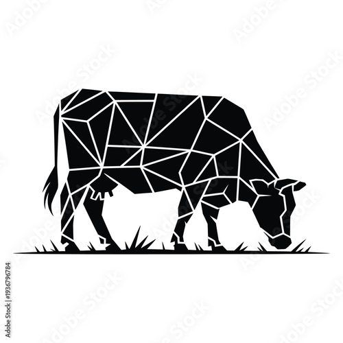 Geometric cow silhouette grazing on grass for dairy farm and livestock logo.