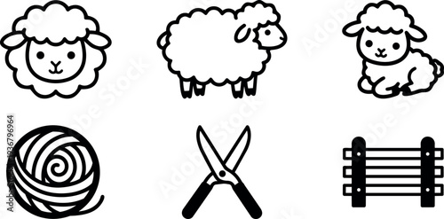 Minimalist line art farm icons set with sheep faces full sheep lamb wool ball shears and wooden fence pastoral outline