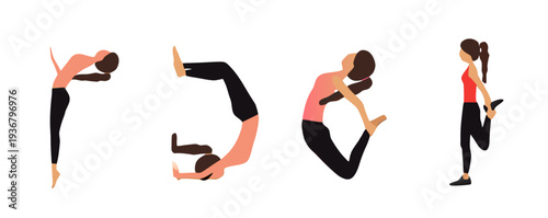 A woman in some yoga position in a white background in a full set