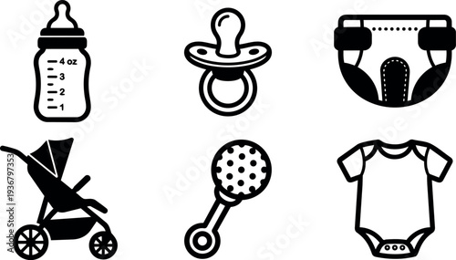 Flat design baby essentials icon set six items close up stroller bottle pacifier rattle onesie diaper minimalist black line art