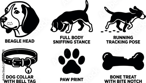 Minimalist vector beagle head full body sniffing running tracking pose dog collar paw print bone treat icons set black silhouette