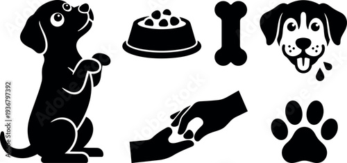 Flat design begging puppy icons set showing bowl bone paw dog face and helping hands in simple black silhouette style
