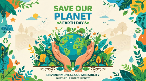 Earth day illustration with hands holding the globe surrounded by green leaves and flowers promoting environmental sustainability and eco friendly living
