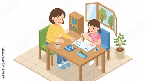 Woman assisting young girl with homework at a wooden table indoors.