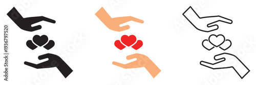 Hand Holding Hearts Charity  Icon. Minimal outline icon of a hand holding hearts, symbolizing love, charity, donation, care, compassion, and emotional support in community or nonprofit concepts.