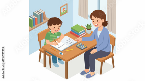 Mother assisting young son with homework at home.