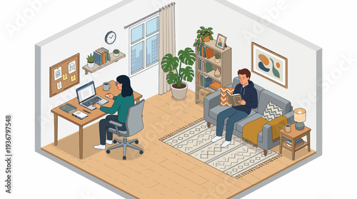 Cozy home office with couple working and relaxing together.