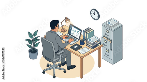Man working on computer in a modern office setting with desk and filing cabinet.