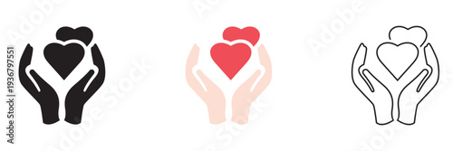 Hand Holding Hearts Charity  Icon. Minimal outline icon of a hand holding hearts, symbolizing love, charity, donation, care, compassion, and emotional support in community or nonprofit concepts.