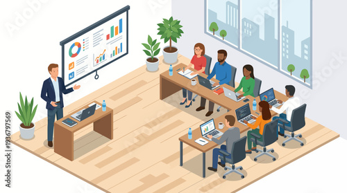 Office meeting with presentation and discussion among colleagues.