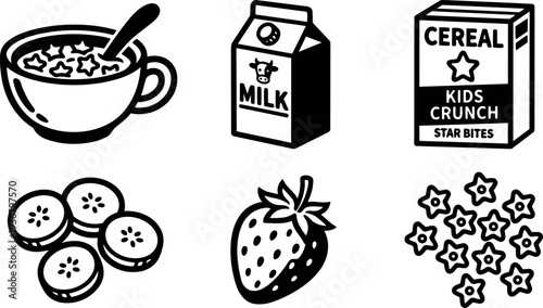 Flat line art close up breakfast cereal icons bowl spoon milk carton cereal box strawberry banana slices star flakes set