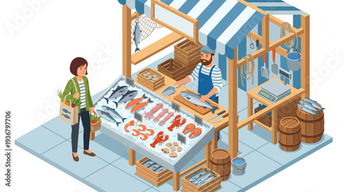 Isometric illustration of a street food vendor selling fresh produce.