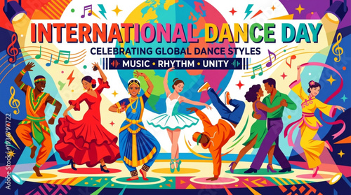 International dance day celebration with diverse people dancing various styles globally with music and rhythm