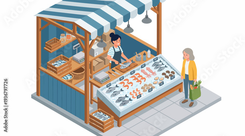Illustration of a street vendor selling various items at a market stall.
