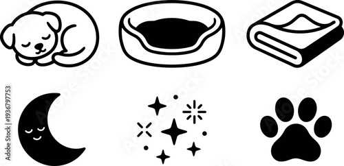 Flat design close up sleeping puppy icon curled up with pet bed blanket moon stars and paw print collection