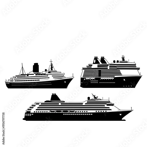 Cruise Ships Silhouettes - Ocean Liners for Travel and Tourism Designs.