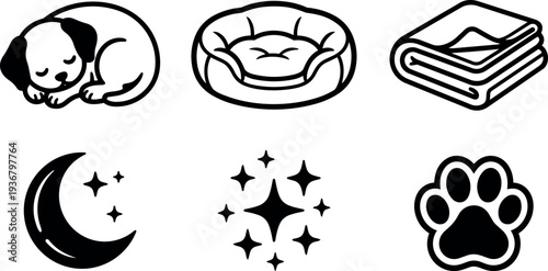 Minimalist line art pet care icon set sleeping puppy bed blanket moon sparkles paw simple vector pack for pet branding