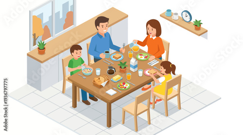 Family having dinner together at home with food on the table.