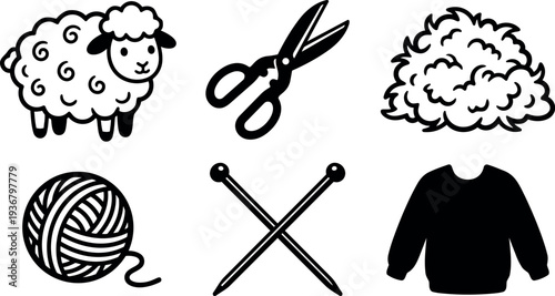Flat line art knitting icons set with sheep wool scissors yarn ball crossed needles and sweater isolated on white background