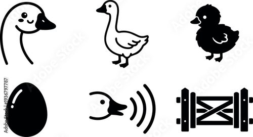 Flat design close up goose head and standing duck with duckling egg quack wave and farm gate icons black silhouette